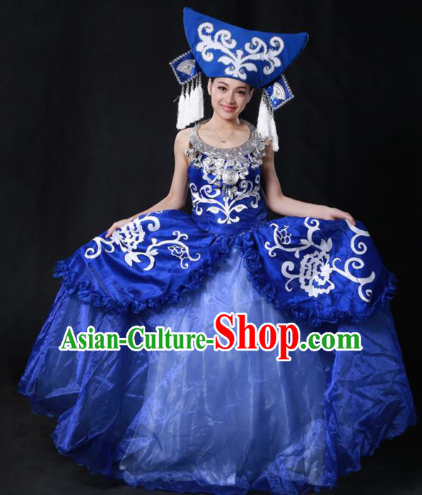 Chinese Traditional Guangxi Zhuang Nationality Stage Show Royalblue Long Dress Ethnic Minority Folk Dance Costume for Women