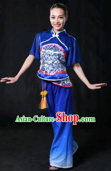 Chinese Spring Festival Gala Folk Dance Royalblue Outfits Traditional Fan Dance Compere Costume for Women