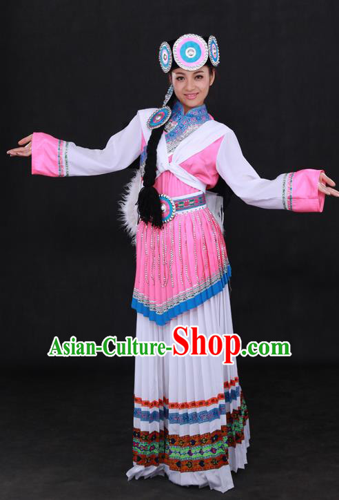 Chinese Traditional Naxi Nationality White Dress Ethnic Minority Folk Dance Stage Show Costume for Women