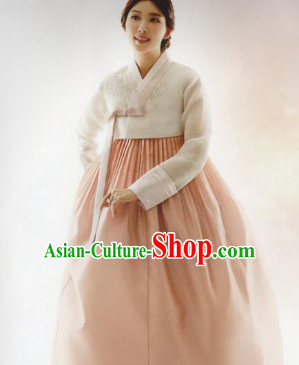 Korean Traditional Hanbok Bride Beige Blouse and Light Pink Dress Outfits Asian Korea Fashion Costume for Women