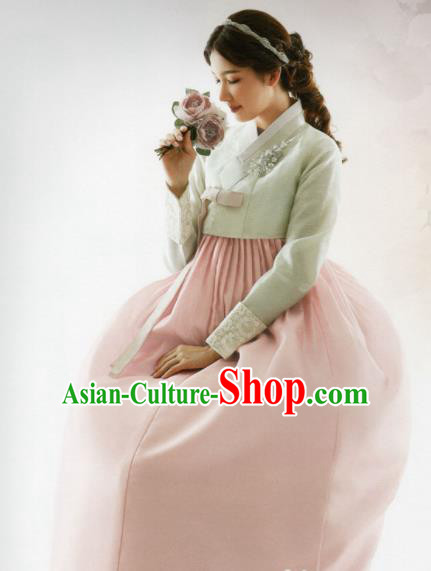 Korean Traditional Hanbok Bride Green Blouse and Pink Dress Outfits Asian Korea Wedding Fashion Costume for Women