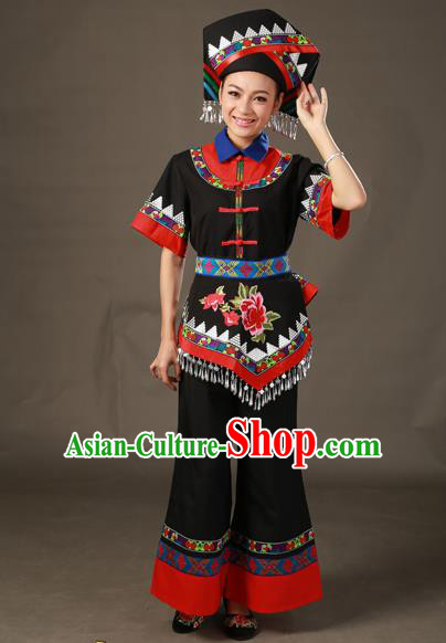 Chinese Traditional Zhuang Nationality Black Outfits Ethnic Minority Folk Dance Stage Show Costume for Women