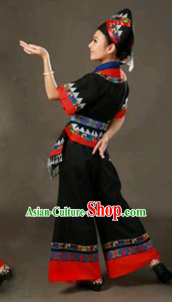 Chinese Traditional Zhuang Nationality Black Outfits Ethnic Minority Folk Dance Stage Show Costume for Women