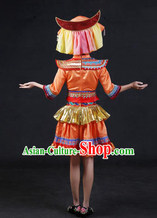 Chinese Traditional Zhuang Nationality Stage Show Orange Short Dress Ethnic Minority Folk Dance Costume for Women