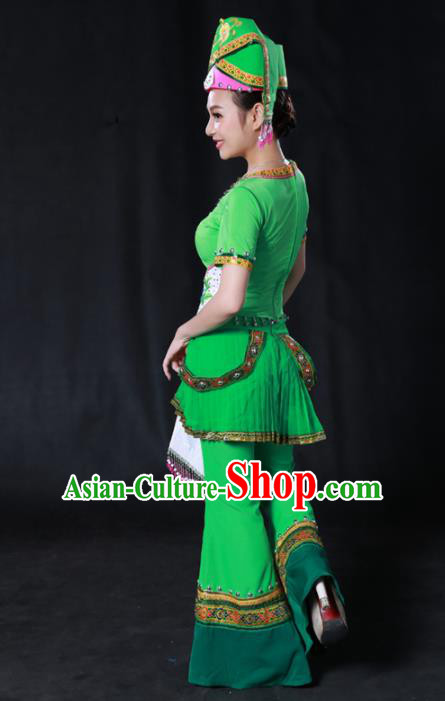 Chinese Traditional Guangxi Zhuang Nationality Green Outfits Ethnic Minority Folk Dance Stage Show Costume for Women