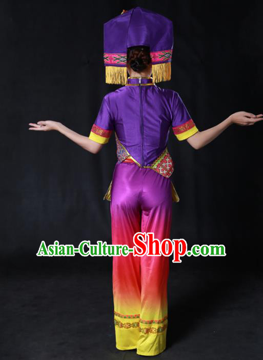 Chinese Traditional Guangxi Zhuang Nationality Purple Outfits Ethnic Minority Folk Dance Stage Show Costume for Women