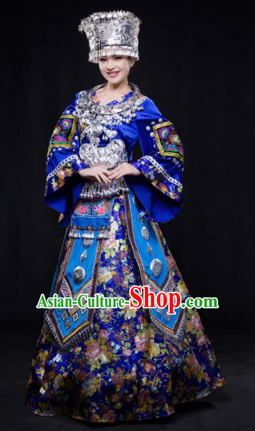 Chinese Traditional Miao Nationality Wedding Royalblue Dress Ethnic Minority Folk Dance Stage Show Costume for Women