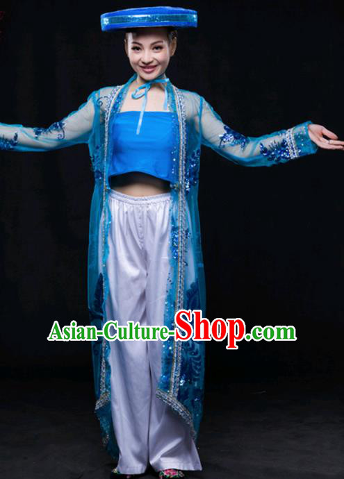 Chinese Traditional Jing Nationality Blue Outfits Ethnic Minority Folk Dance Stage Show Costume for Women