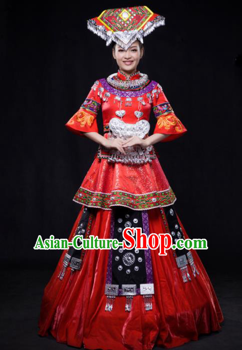 Chinese Traditional Zhuang Nationality Wedding Red Dress Ethnic Minority Folk Dance Stage Show Costume for Women