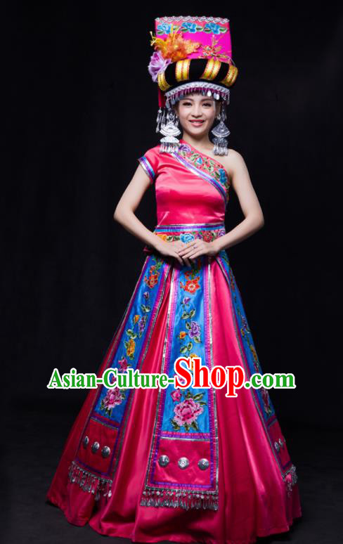 Chinese Traditional Yi Nationality Wedding Rosy Dress Ethnic Minority Folk Dance Stage Show Costume for Women