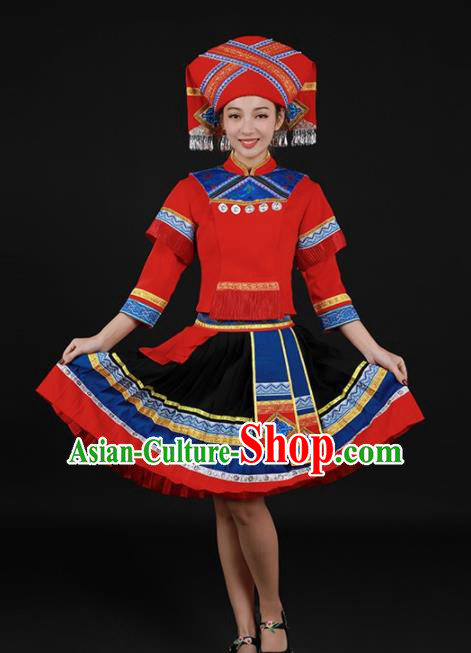 Chinese Traditional Zhuang Nationality Red Short Dress Ethnic Minority Folk Dance Stage Show Costume for Women