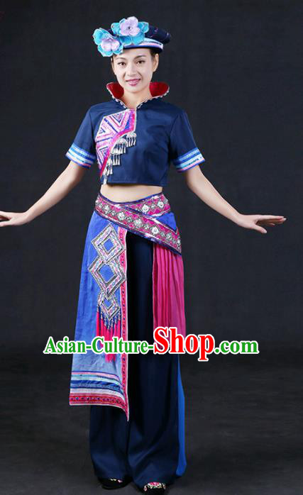 Chinese Traditional Zhuang Nationality Stage Show Navy Outfits Ethnic Minority Folk Dance Costume for Women