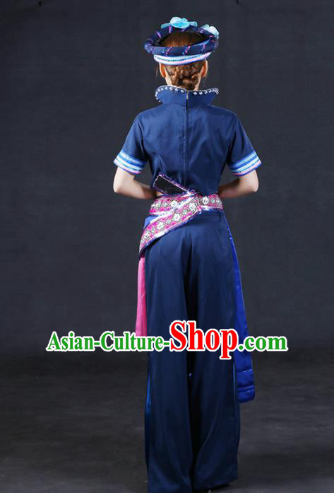 Chinese Traditional Zhuang Nationality Stage Show Navy Outfits Ethnic Minority Folk Dance Costume for Women