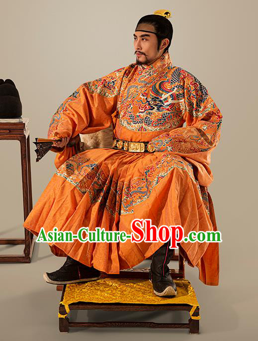 Traditional Chinese Ming Dynasty Emperor Golden Embroidered Robe Ancient King Costumes for Men