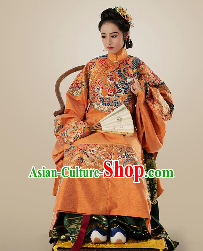 Traditional Chinese Ming Dynasty Empress Golden Embroidered Dress Ancient Royal Queen Costumes for Women