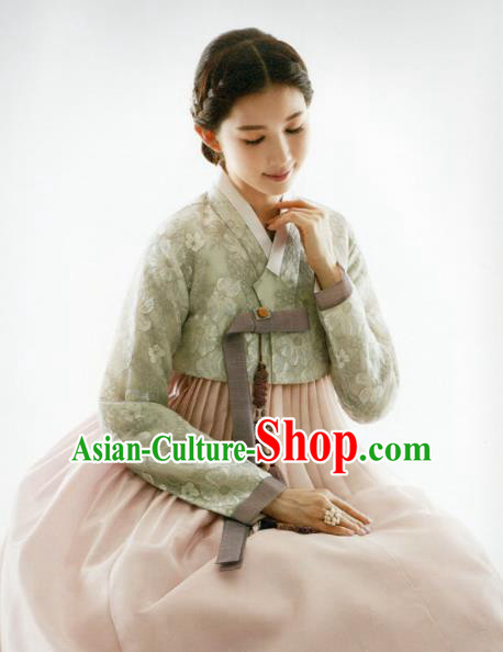 Korean Traditional Hanbok Princess Light Green Blouse and Pink Dress Outfits Asian Korea Fashion Costume for Women