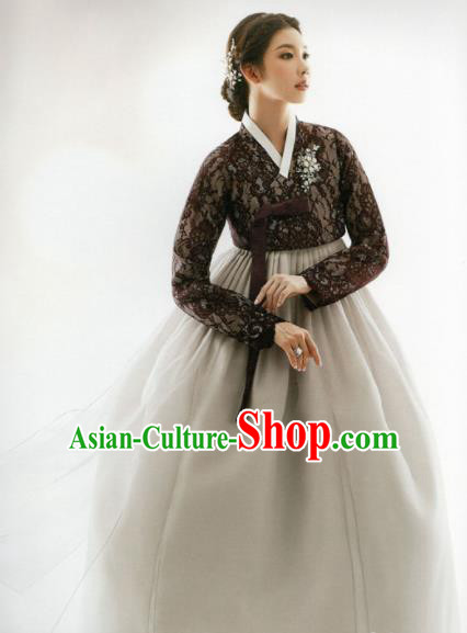 Korean Traditional Hanbok Princess Brown Lace Blouse and Grey Dress Outfits Asian Korea Fashion Costume for Women