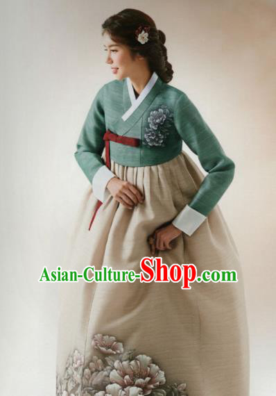 Korean Traditional Hanbok Wedding Mother Printing Peony Green Blouse and Beige Dress Outfits Asian Korea Fashion Costume for Women