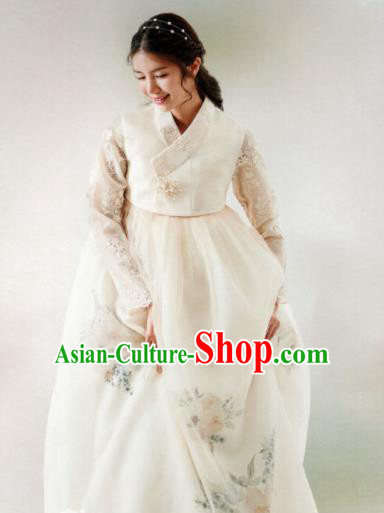 Korean Traditional Hanbok Wedding Bride White Blouse and Printing Dress Outfits Asian Korea Fashion Costume for Women