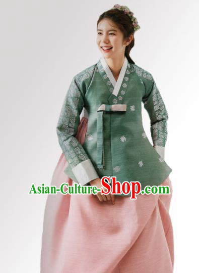 Korean Traditional Hanbok Wedding Bride Green Blouse and Pink Dress Outfits Asian Korea Fashion Costume for Women
