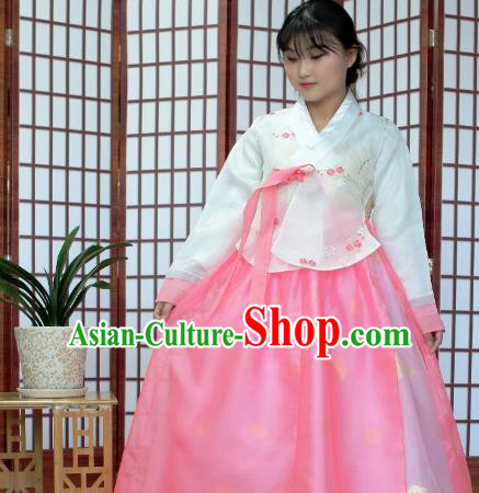 Korean Traditional Hanbok White Blouse and Pink Dress Outfits Asian Korea Wedding Fashion Costume for Women
