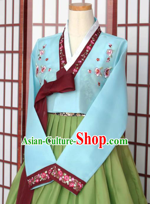 Korean Traditional Hanbok Blue Blouse and Green Dress Outfits Asian Korea Wedding Fashion Costume for Women