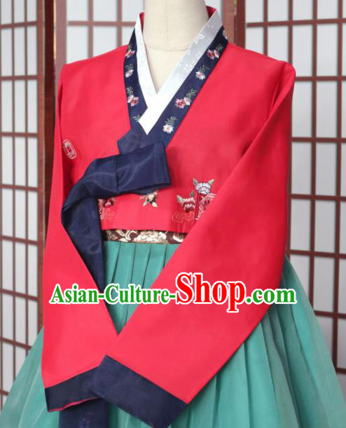 Korean Traditional Hanbok Red Blouse and Green Dress Outfits Asian Korea Wedding Fashion Costume for Women