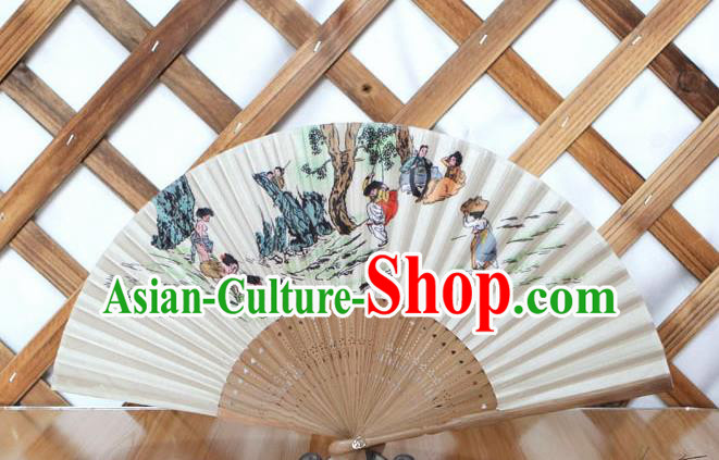 Korean Traditional Folk Wood Folding Fan Asian Korea Printing Paper Fans for Women