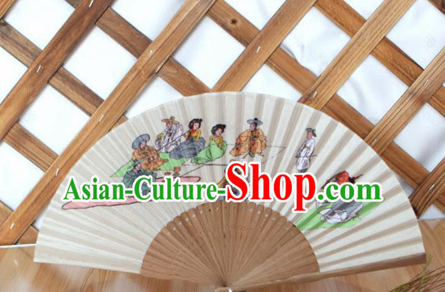 Korean Traditional Wood Folding Fan Asian Korea Folk Printing Paper Fans for Women