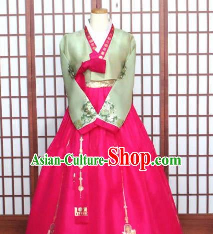 Korean Traditional Garment Hanbok Light Green Blouse and Rosy Dress Outfits Asian Korea Fashion Costume for Women