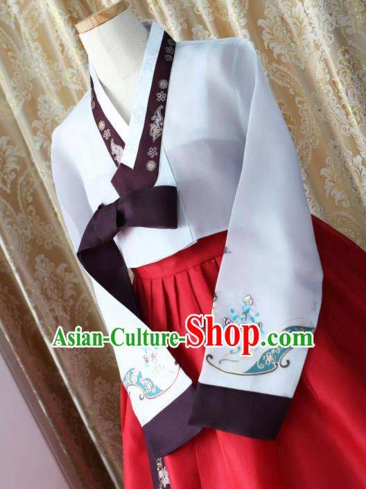 Korean Traditional Garment Hanbok White Blouse and Red Dress Outfits Asian Korea Fashion Costume for Women