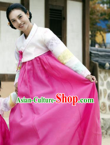 Korean Traditional Garment Hanbok White Blouse and Rosy Dress Outfits Asian Korea Fashion Costume for Women