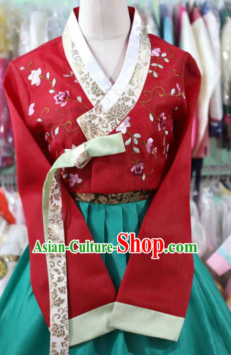 Korean Traditional Bride Garment Hanbok Embroidered Red Blouse and Green Dress Outfits Asian Korea Fashion Costume for Women