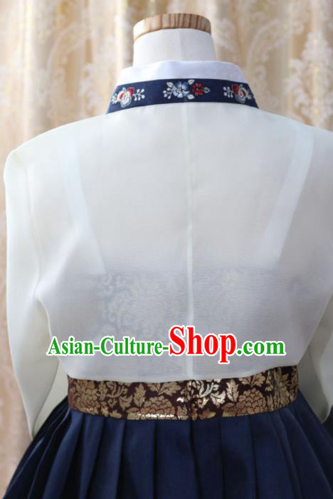 Korean Traditional Bride Garment Hanbok Embroidered White Blouse and Navy Dress Outfits Asian Korea Fashion Costume for Women