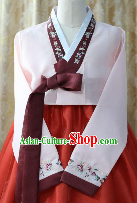 Korean Traditional Bride Garment Hanbok Embroidered Light Pink Blouse and Red Dress Outfits Asian Korea Fashion Costume for Women