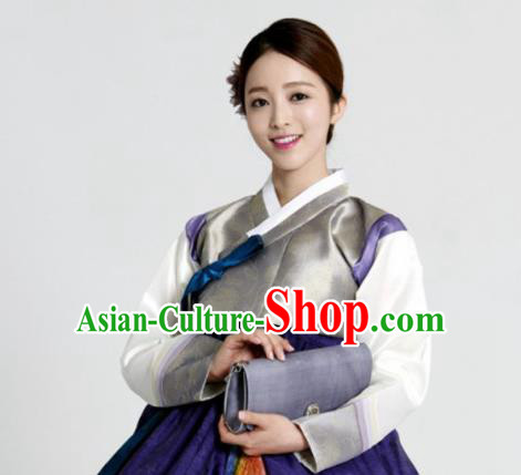 Korean Traditional Bride Garment Hanbok Grey Satin Blouse and Purple Dress Outfits Asian Korea Fashion Costume for Women