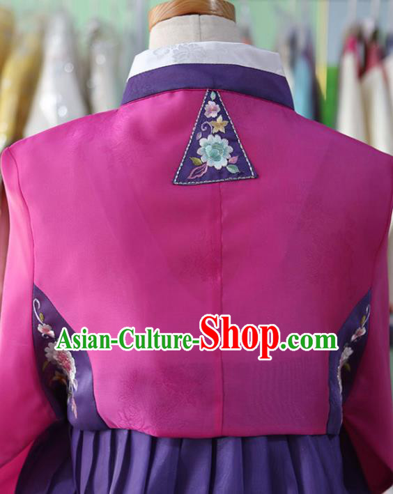 Korean Traditional Garment Bride Mother Hanbok Embroidered Rosy Blouse and Purple Dress Outfits Asian Korea Fashion Costume for Women