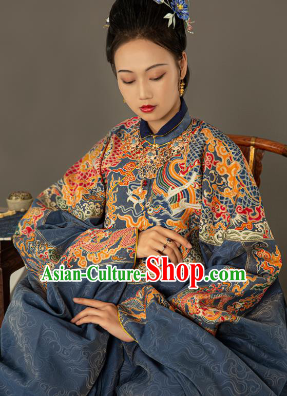Traditional Chinese Ming Dynasty Court Countess Blue Embroidered Dress Ancient Royal Queen Costumes for Women