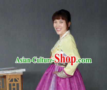 Korean Traditional Garment Bride Mother Hanbok Yellow Blouse and Purple Dress Asian Korea Fashion Costume for Women