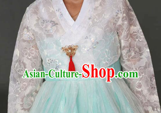 Korean Traditional Garment Bride Mother Hanbok White Blouse and Blue Dress Asian Korea Fashion Costume for Women