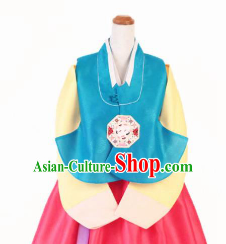 Korean Traditional Garment Bride Hanbok Embroidered Blue Vest Asian Korea Fashion Costume for Women