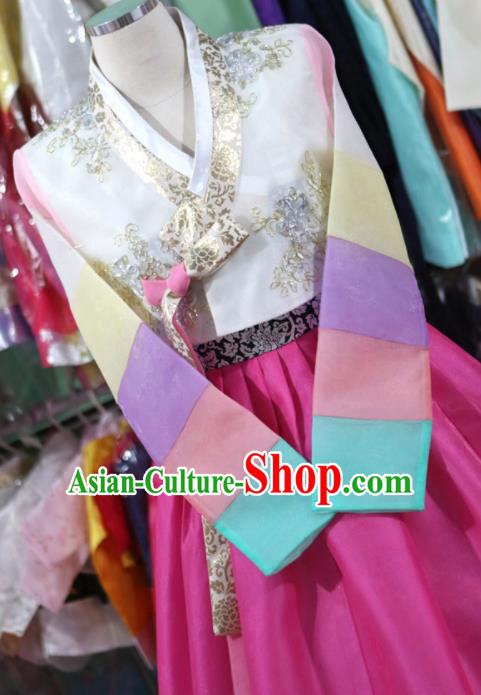 Korean Traditional Garment White Blouse and Rosy Dress Bride Hanbok Asian Korea Fashion Costume for Women