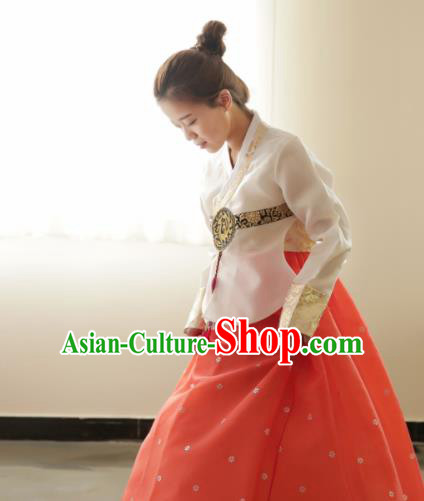 Korean Traditional Hanbok Garment White Blouse and Orange Dress Asian Korea Fashion Costume for Women