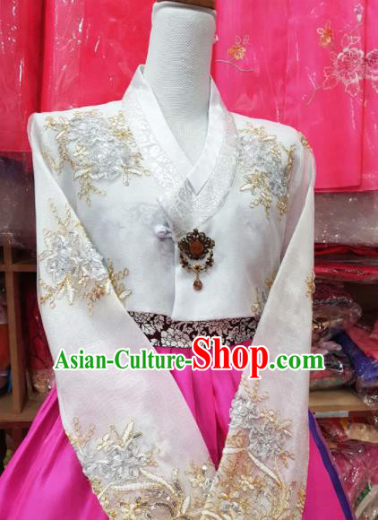 Korean Traditional Hanbok Garment Embroidered White Blouse and Rosy Dress Asian Korea Fashion Costume for Women