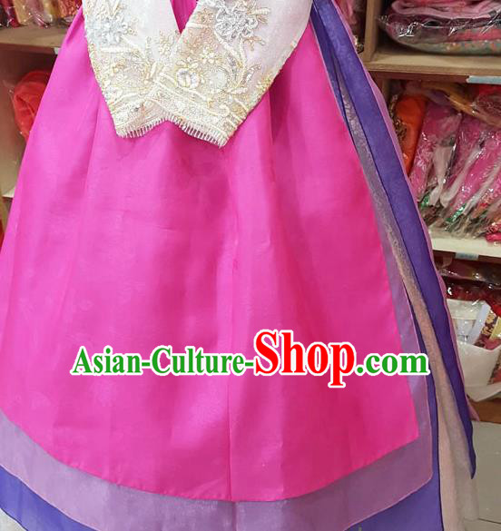 Korean Traditional Hanbok Garment Embroidered White Blouse and Rosy Dress Asian Korea Fashion Costume for Women