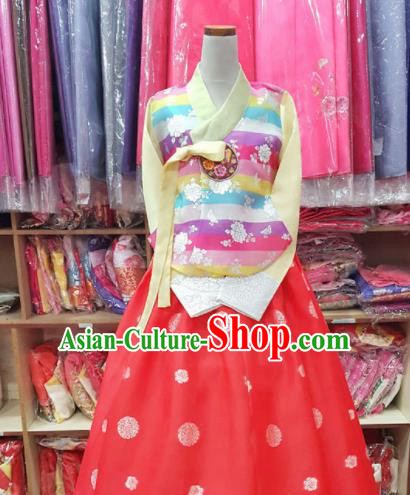 Korean Traditional Hanbok Garment Striped Blouse and Red Dress Asian Korea Fashion Costume for Women