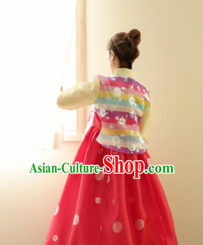 Korean Traditional Hanbok Garment Striped Blouse and Red Dress Asian Korea Fashion Costume for Women