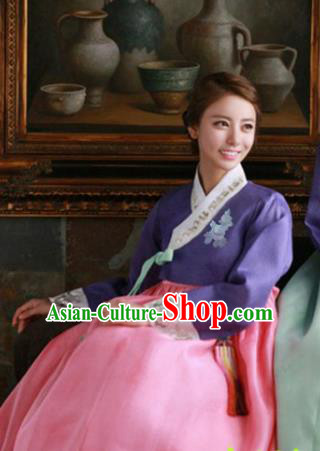 Korean Traditional Hanbok Garment Purple Blouse and Pink Dress Asian Korea Fashion Costume for Women