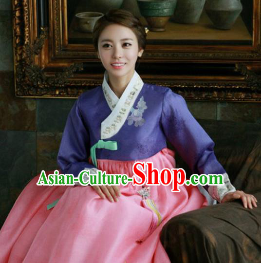 Korean Traditional Hanbok Garment Purple Blouse and Pink Dress Asian Korea Fashion Costume for Women
