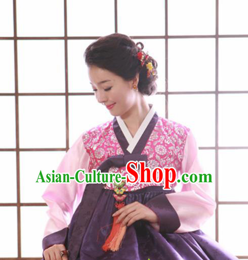 Korean Traditional Mother Hanbok Garment Pink Satin Blouse and Purple Dress Asian Korea Fashion Costume for Women